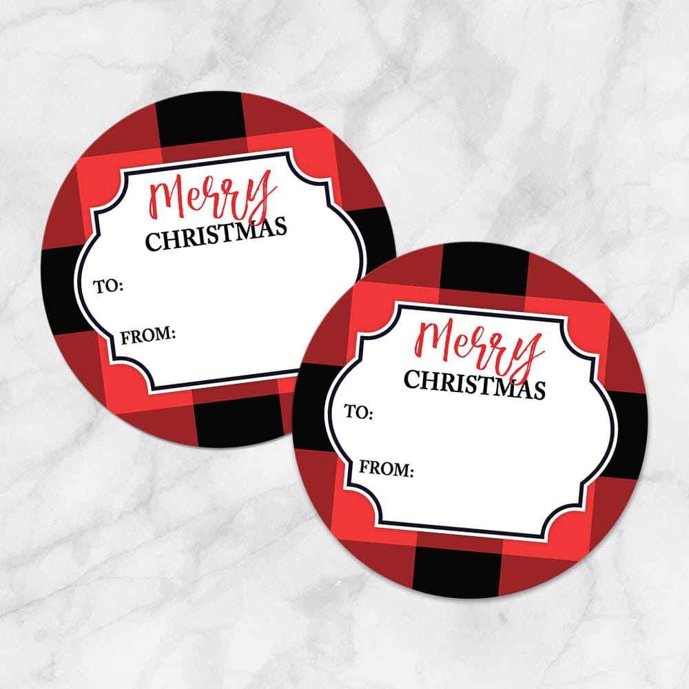 Printable Red Buffalo Plaid Gift Tag Stickers at Printable Planning. Example of 2 stickers.