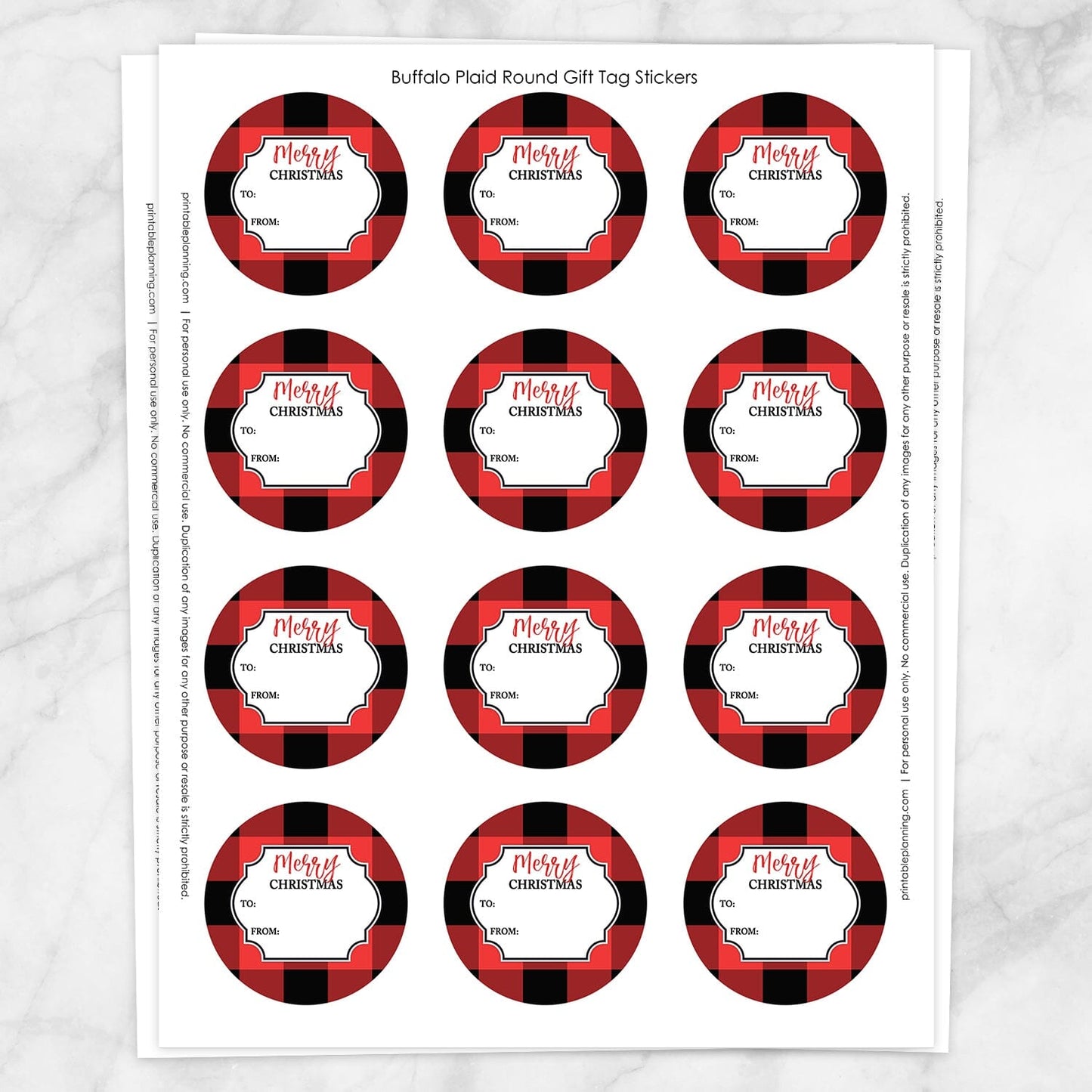 Printable Red Buffalo Plaid Gift Tag Stickers at Printable Planning. Sheet of 12 stickers.