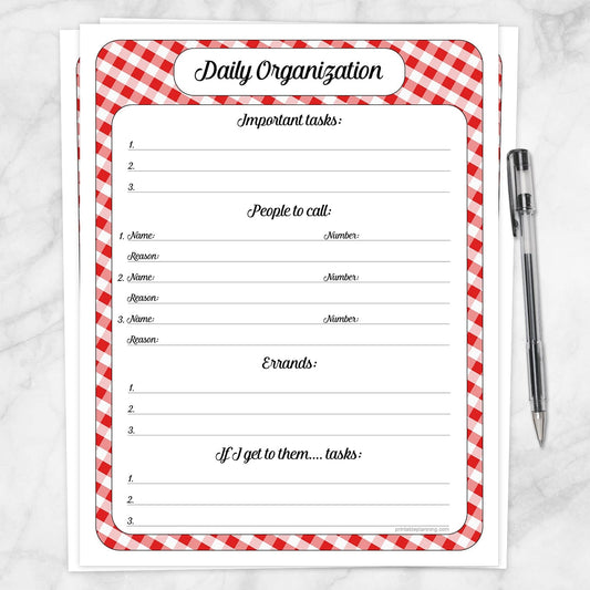 Printable Red Gingham Daily Organization Category Task Sheet at Printable Planning.