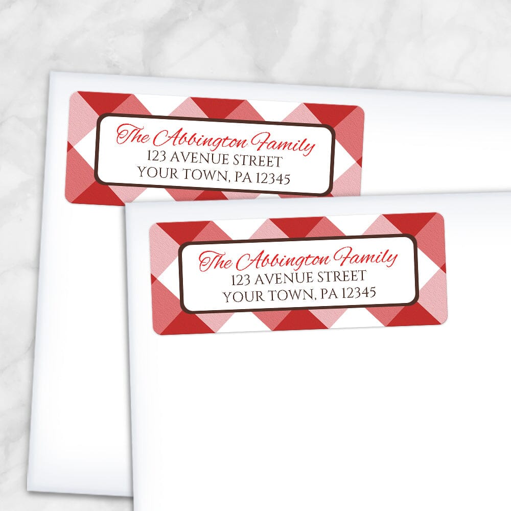 Printable Red Gingham Pattern Address Labels at Printable Planning. Shown on envelopes.