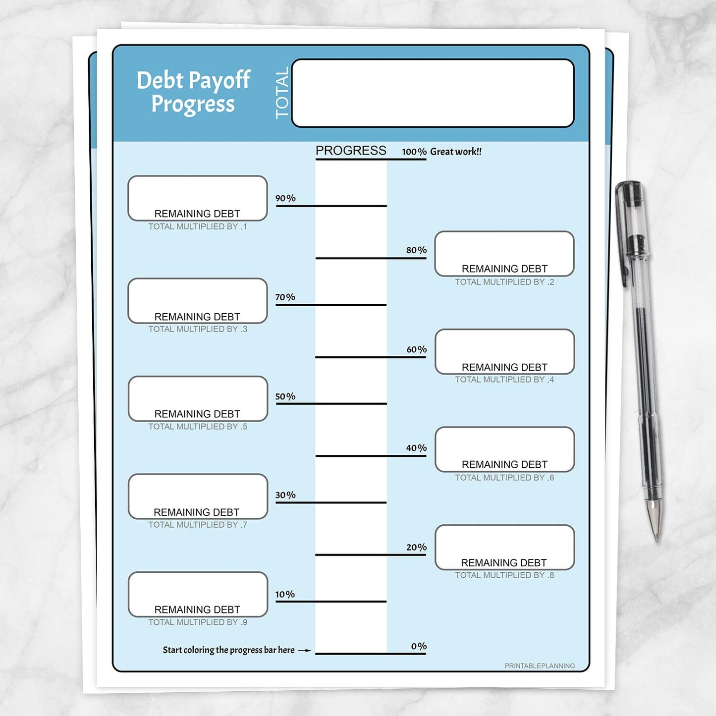 Printable Remaining Debt Payoff Progress Bar Worksheets in Blue at Printable Planning.