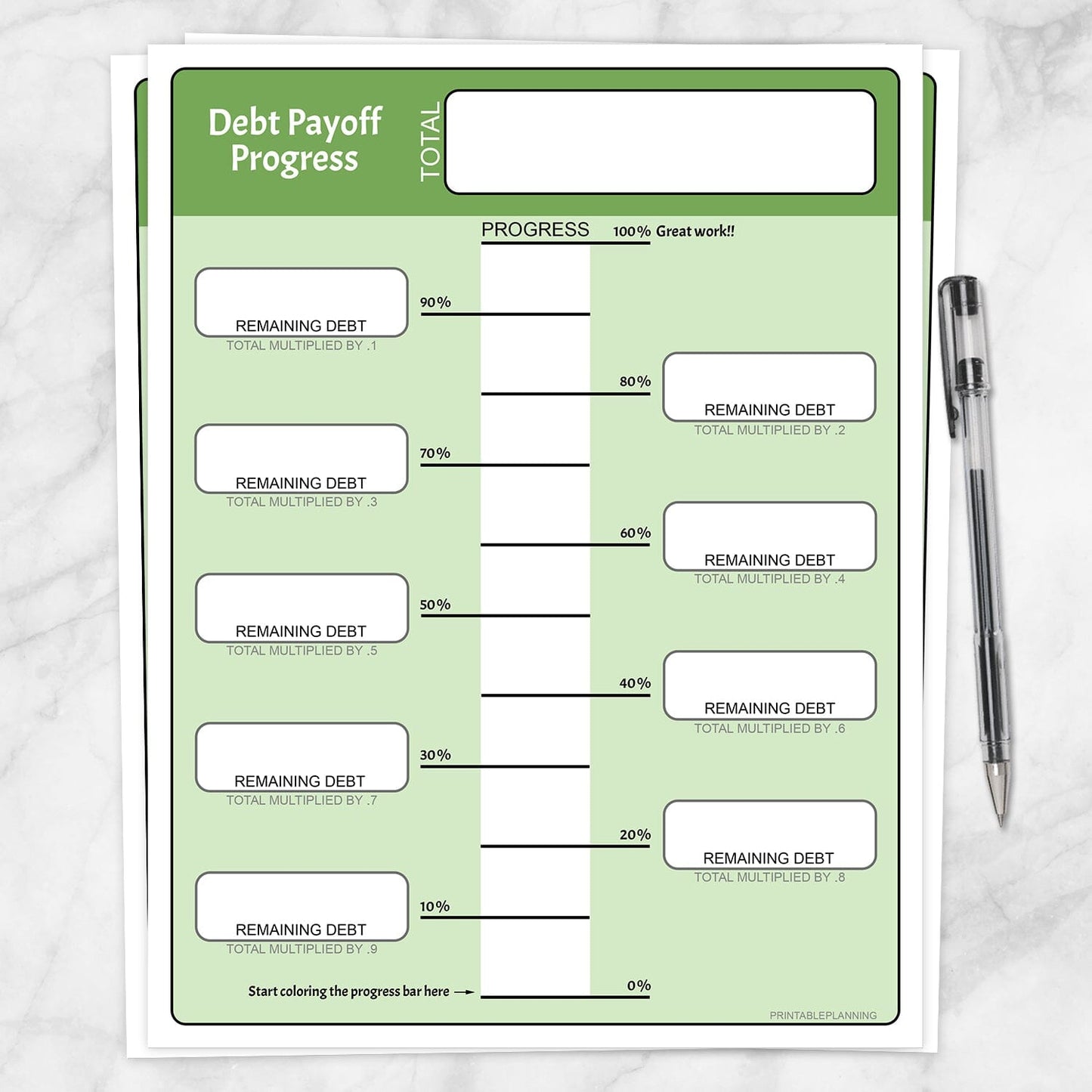 Printable Remaining Debt Payoff Progress Bar Worksheets in Green at Printable Planning.