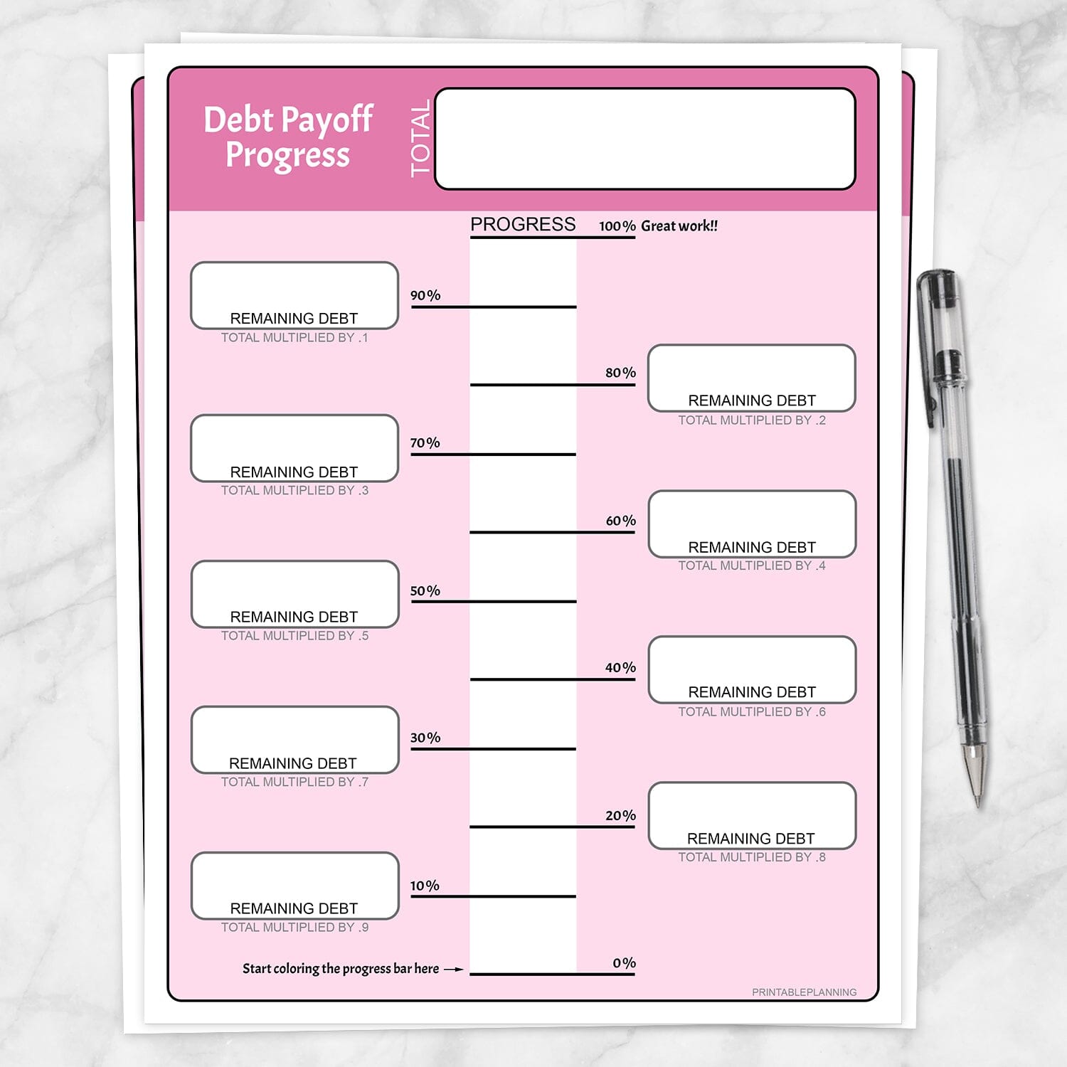 Printable Remaining Debt Payoff Progress Bar Worksheets in Pink at Printable Planning.