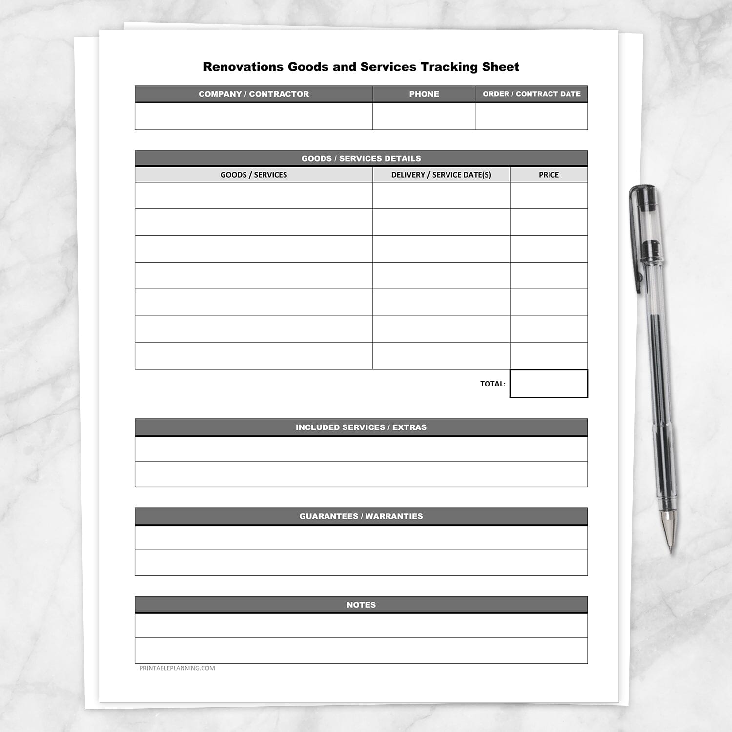 Printable Renovations Goods and Services Tracking Sheet at Printable Planning.