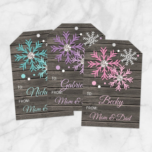 Printable Rustic Snowflake Personalized Gift Tags - Turquoise Purple Pink at Printable Planning. Example of 3 gift tags.