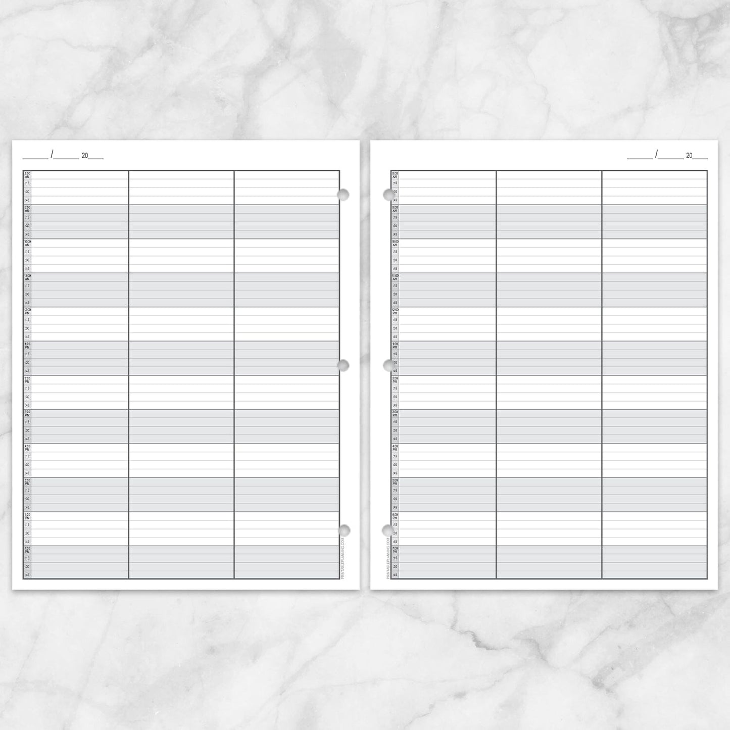 Schedule Sheet in 15 Minute Increments, 3 Columns (printable page), front and back pages, shown on a marble surface.