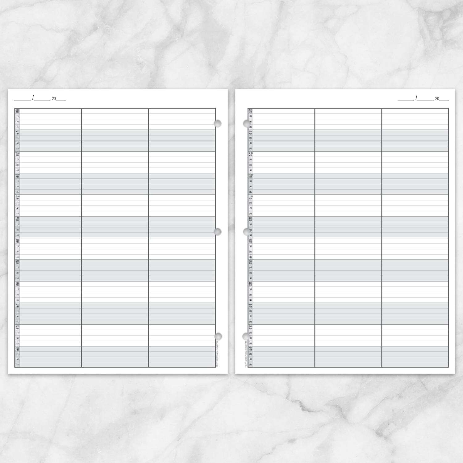 Schedule Sheet in 15 Minute Increments, 3 Columns (printable page), front and back pages, shown on a marble surface.