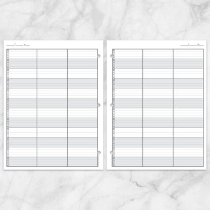 Schedule Sheet in 15 Minute Increments, 3 Columns (printable page), front and back pages, shown on a marble surface.