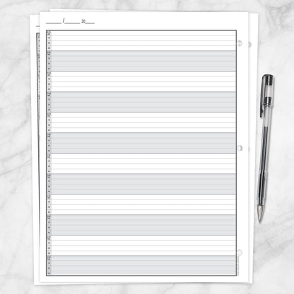 The printable back page of the Full-Width Schedule Sheet in 15-Minute Increments on a marble surface with a pen.
