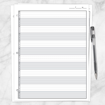 The printable front page of the Full-Width Schedule Sheet in 15-Minute Increments on a marble surface with a pen.