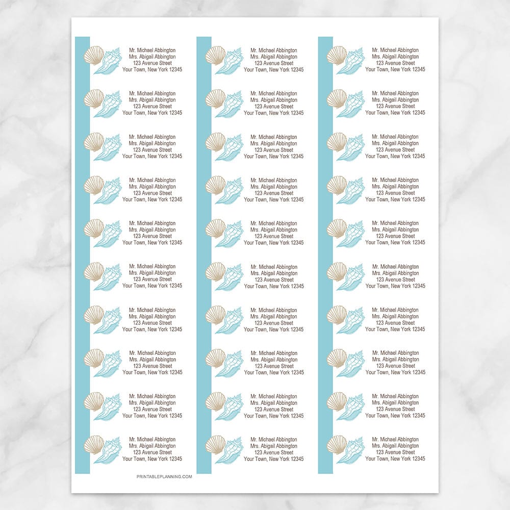 Printable Seashell Turquoise Tan Beach Address Labels at Printable Planning. Sheet of 30 labels.