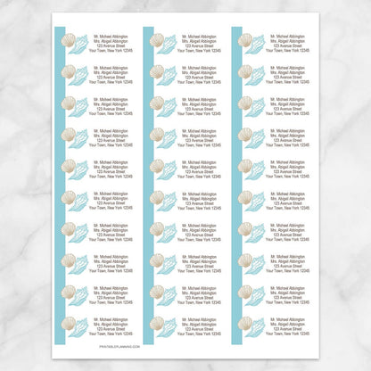 Printable Seashell Turquoise Tan Beach Address Labels at Printable Planning. Sheet of 30 labels.