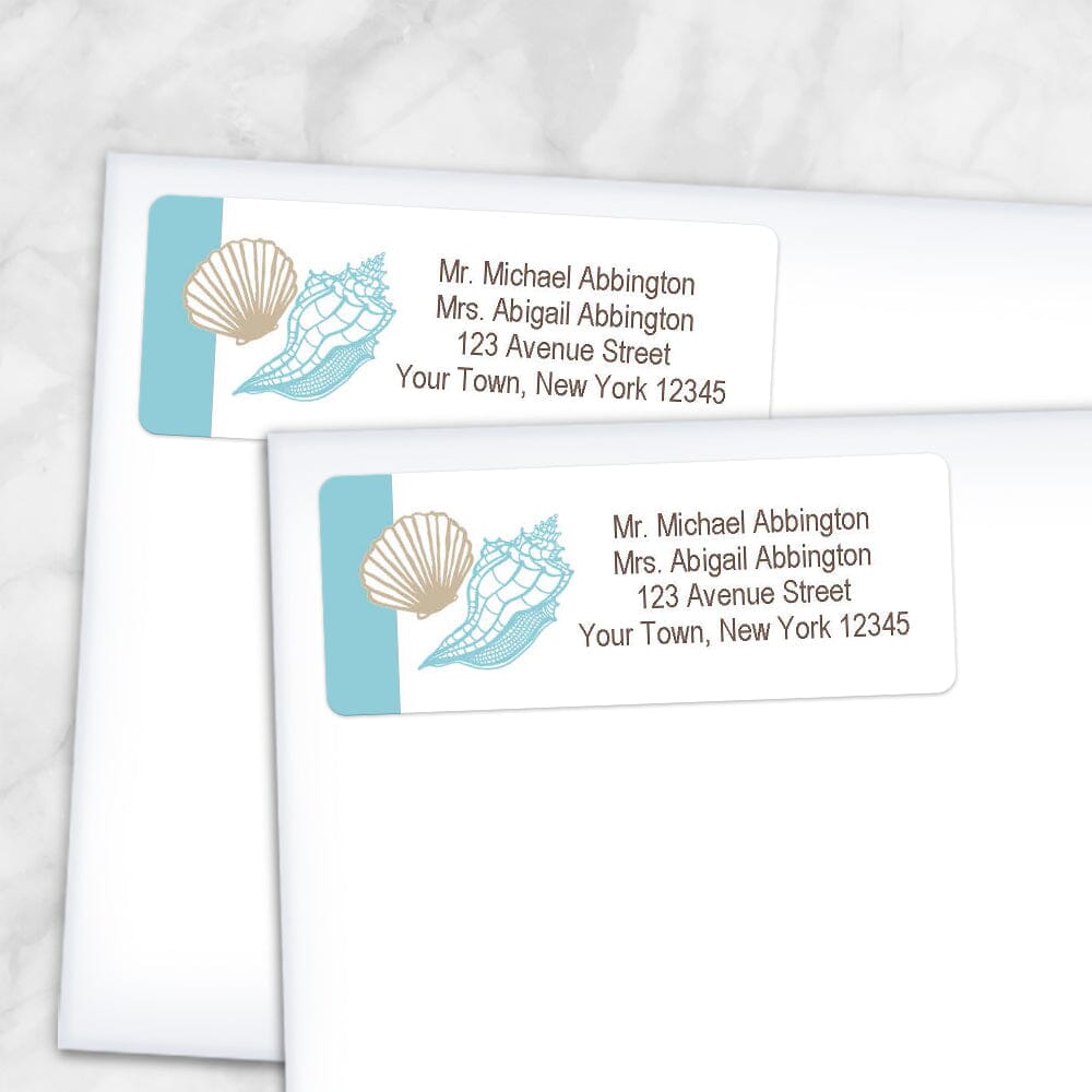 Printable Seashell Turquoise Tan Beach Address Labels at Printable Planning. Shown on envelopes.