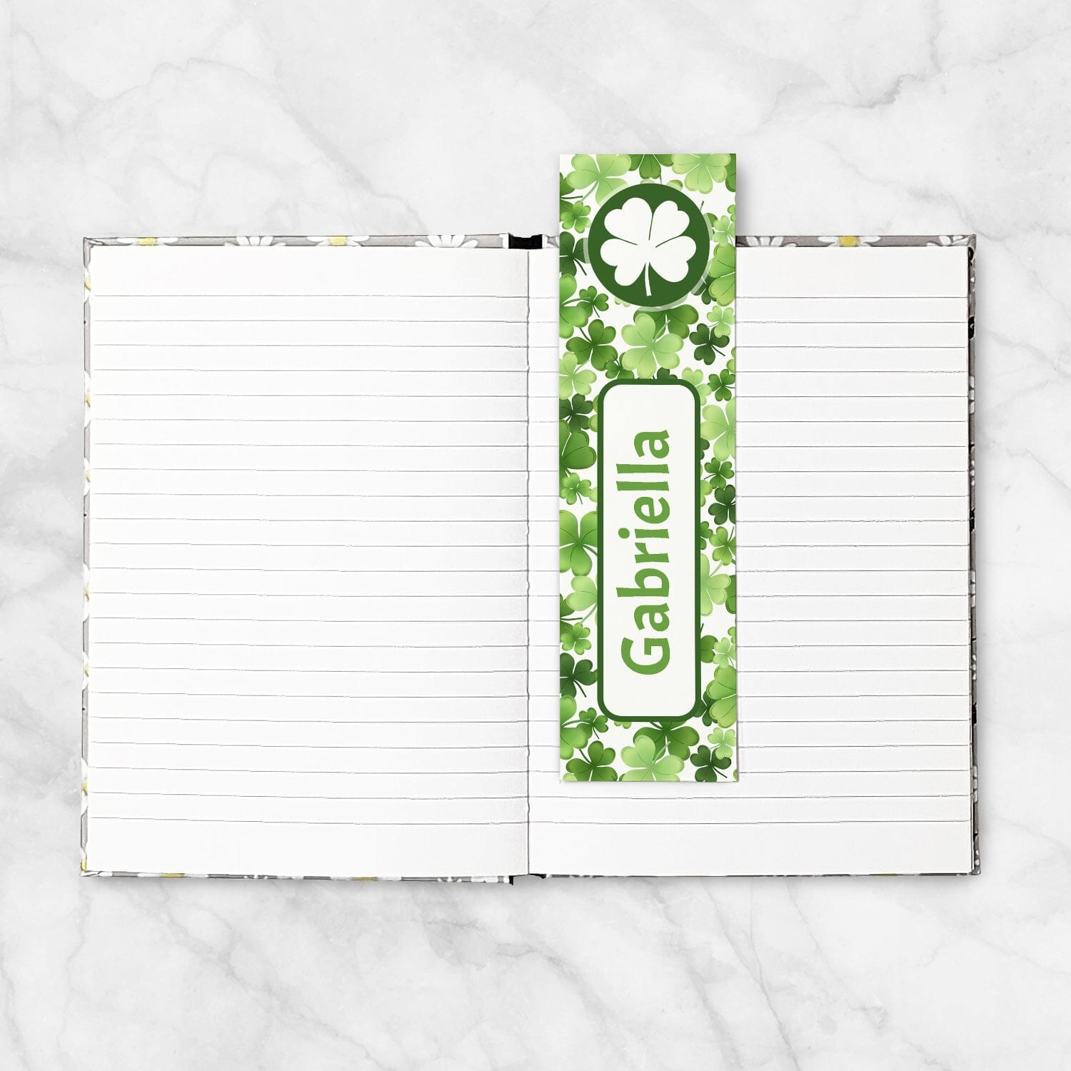 A Personalized Shamrocks 4-Leaf Clover Bookmark in a blank 5x7 book as an example.