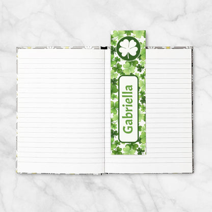 A Personalized Shamrocks 4-Leaf Clover Bookmark in a blank 5x7 book as an example.