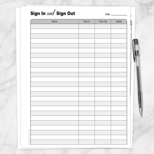 Printable Sign In and Sign Out Sheet at Printable Planning. Guest or visitor time in and time out, with initials, daily page. 