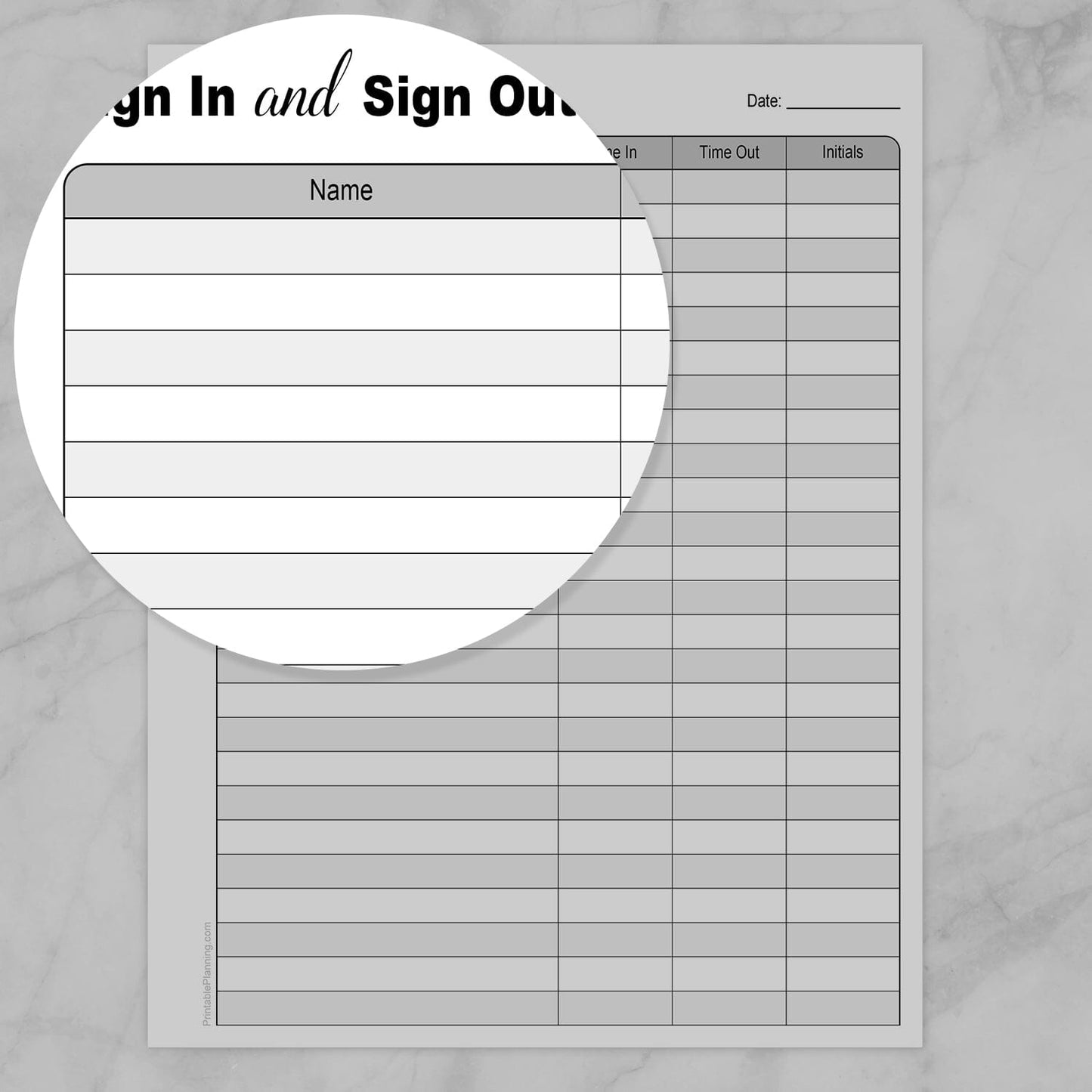 Zoomed in on the Name area of the Printable Sign In and Sign Out Sheet.