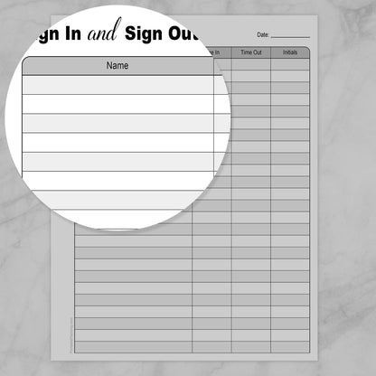 Zoomed in on the Name area of the Printable Sign In and Sign Out Sheet.