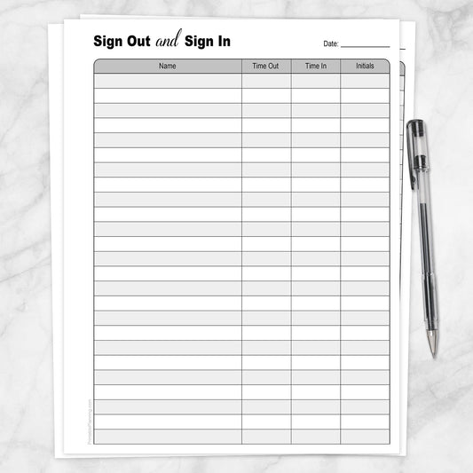 The printable Sign Out and Sign In Sheet shown on a marble surface with a pen.