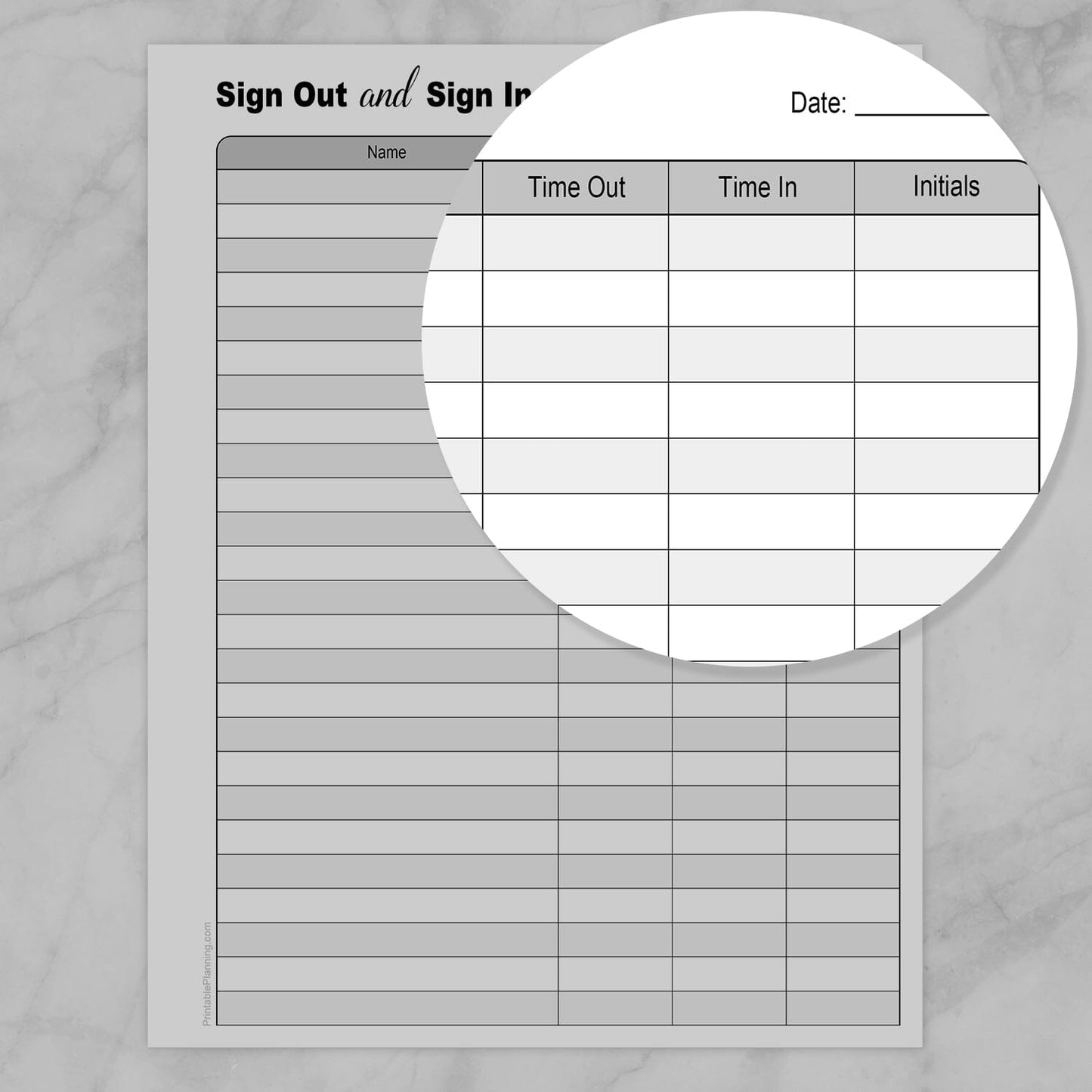 A zoomed in area of the printable Sign Out and Sign In Sheet, highlighting the Time Out, Time In, and Initials columns.