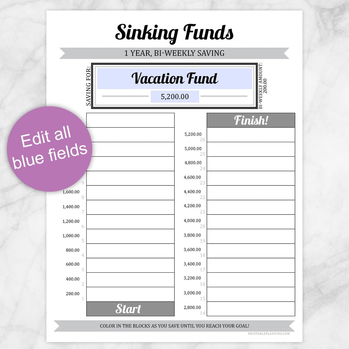 Printable Sinking Funds Savings Chart, 1 Year Bi-Weekly at Printable Planning. Edit all blue fields.