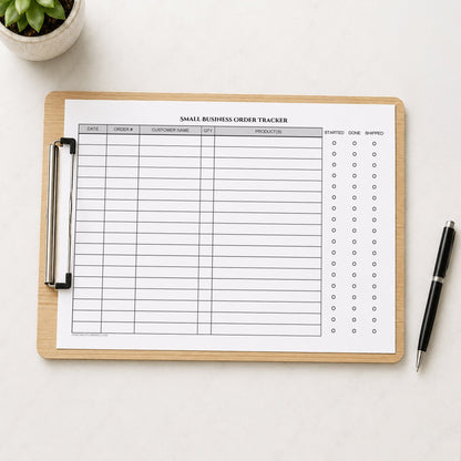 A printed Small Business Order Tracker with Order Status Checklist (printable) page shown on a wooden clipboard on a table with a plant and a pen.