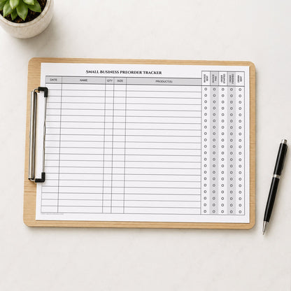The printed Small Business Preorder Tracker with Payment & Order Status Checklist (printable) page shown on a wooden clipboard on a table with a plant and a pen.