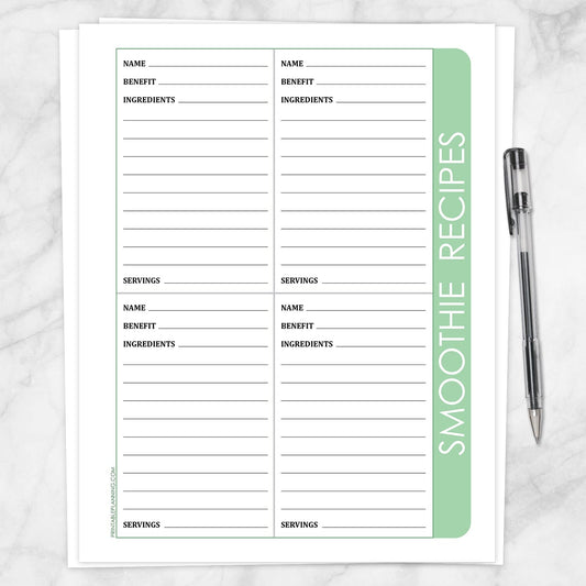 Printable Smoothie Recipe Pages - 4 per page in Green at Printable Planning.