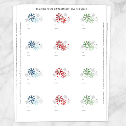 Printable Snowflake Gift Tag Stickers - Blue Red Green at Printable Planning. Sheet of 12 stickers.