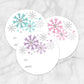 Printable Snowflake Gift Tag Stickers - Turquoise Purple Pink at Printable Planning. Example of 3 stickers.