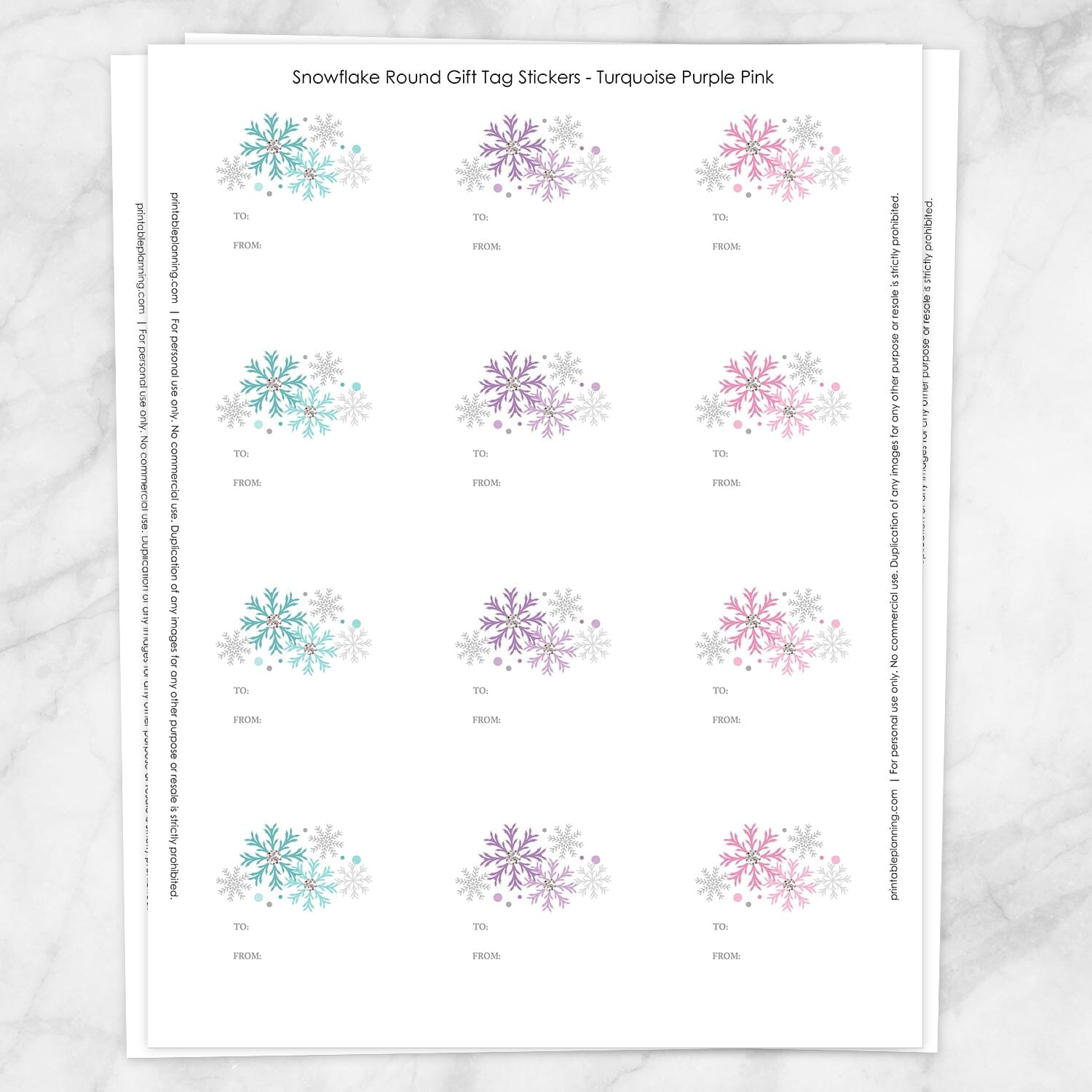 Printable Snowflake Gift Tag Stickers - Turquoise Purple Pink at Printable Planning. Sheet of 12 stickers.