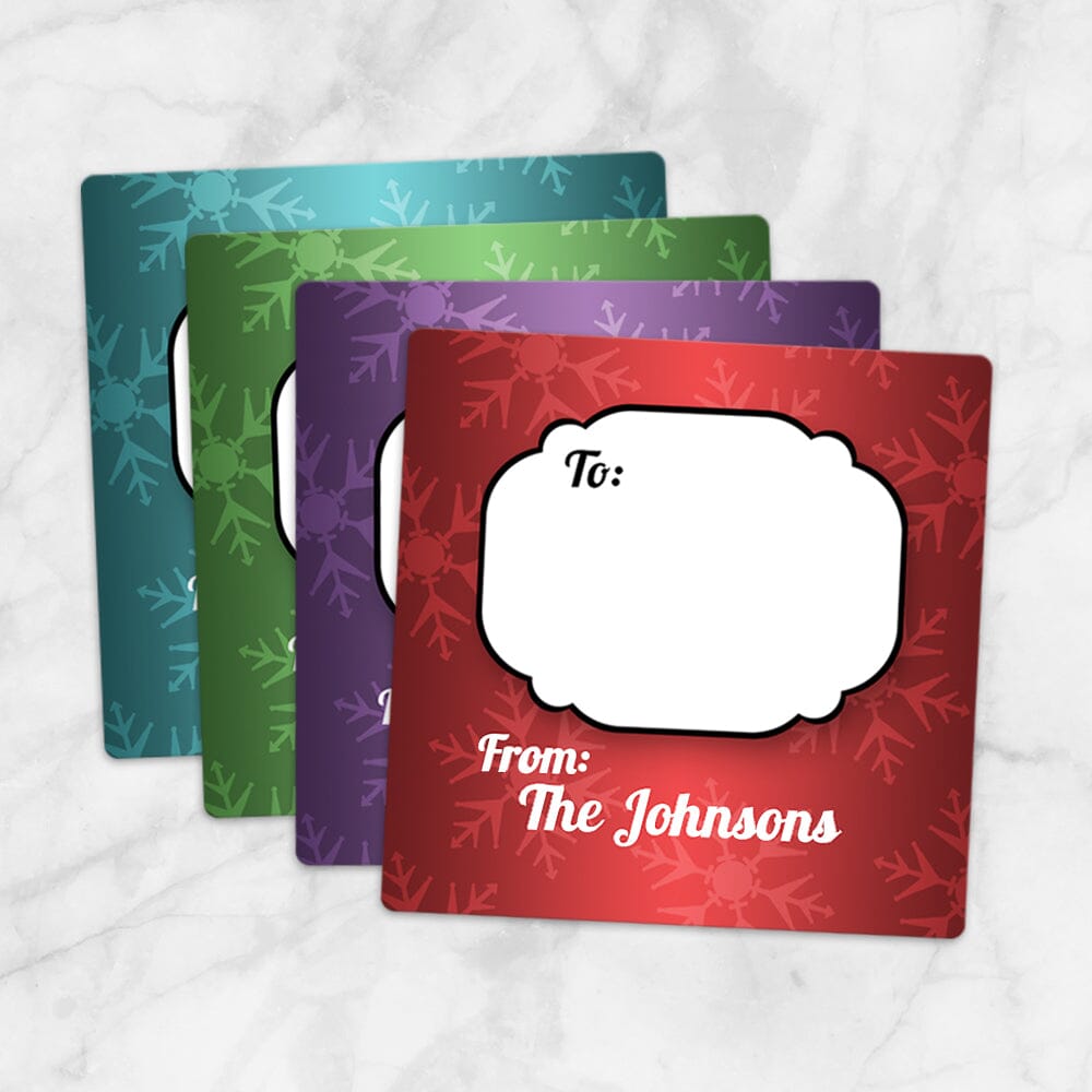 Printable Snowflake Rich Color Personalized Gift Tag Stickers at Printable Planning. Example of 4 stickers in red, purple, green, and turquoise.