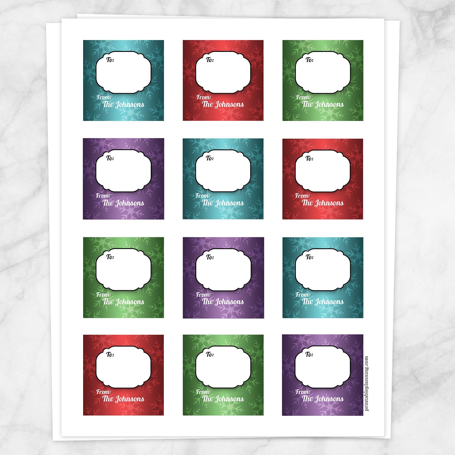 Printable Snowflake Rich Color Personalized Gift Tag Stickers at Printable Planning. Sheet of 12 stickers.