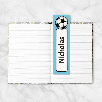 Printable Personalized Blue Soccer Ball Bookmarks at Printable Planning. Example of bookmark in 5x7 book.