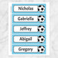 Printable Personalized Soccer Ball Bookmarks at Printable Planning. Sheet of 5 bookmarks with blue background.