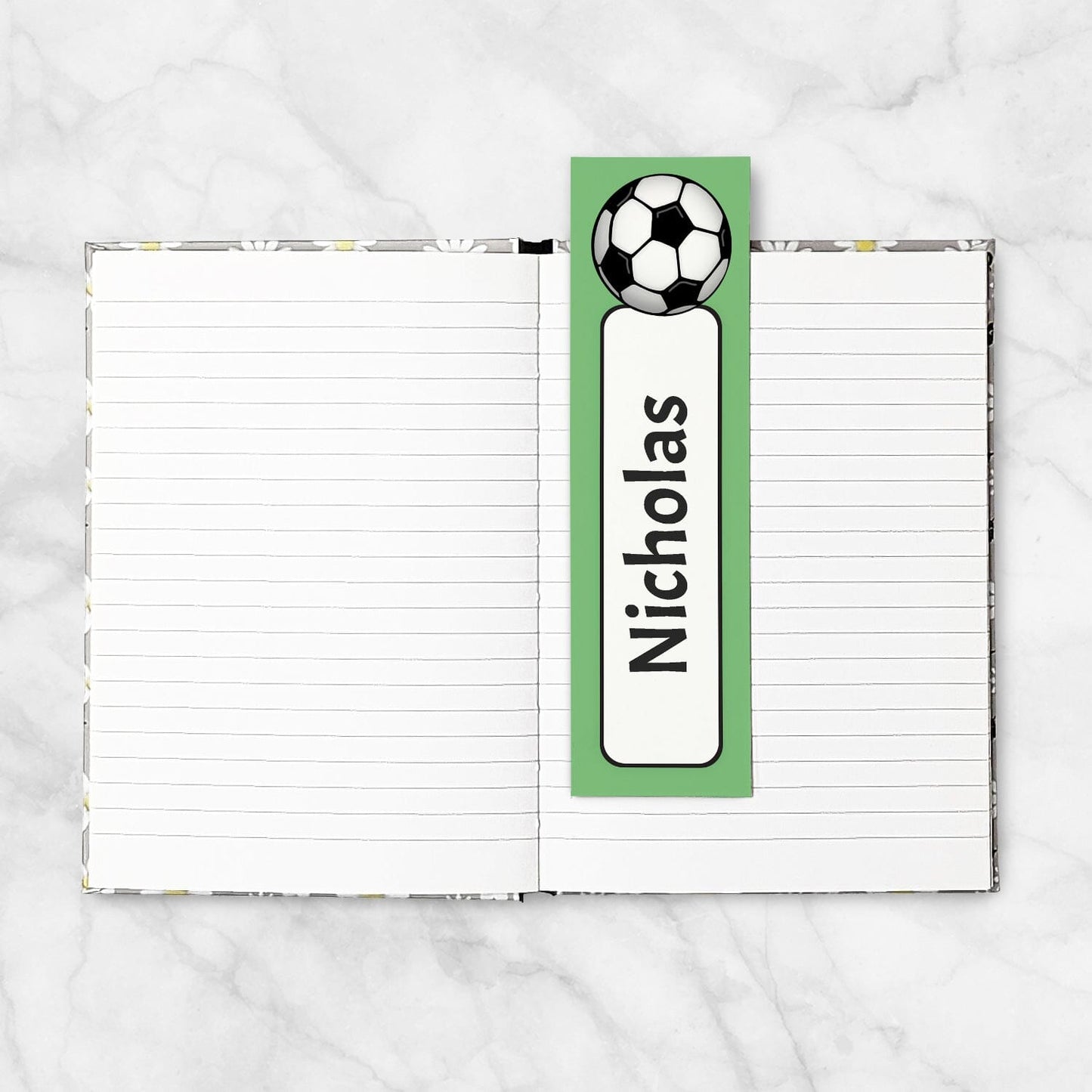 Printable Personalized Green Soccer Ball Bookmarks at Printable Planning. Example of bookmark in 5x7 book pages..