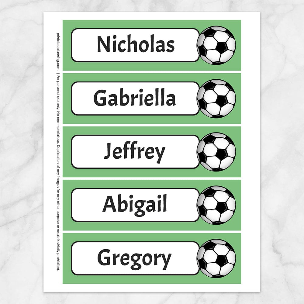 Printable Personalized Soccer Ball Bookmarks at Printable Planning. Sheet of 5 bookmarks with green background.