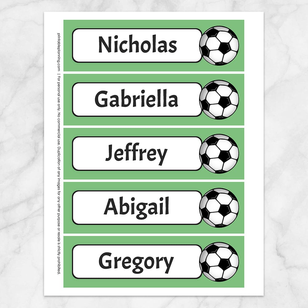 Printable Personalized Green Soccer Ball Bookmarks at Printable Planning. Sheet of 5 bookmarks.