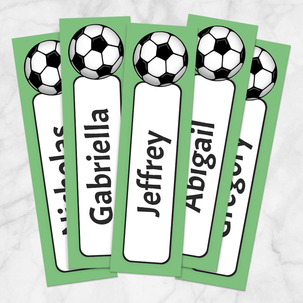 Printable Personalized Green Soccer Ball Bookmarks at Printable Planning. Example of 5 bookmarks.