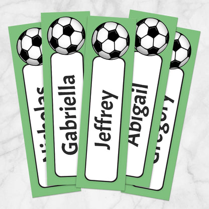 Printable Personalized Green Soccer Ball Bookmarks at Printable Planning. Example of 5 bookmarks.