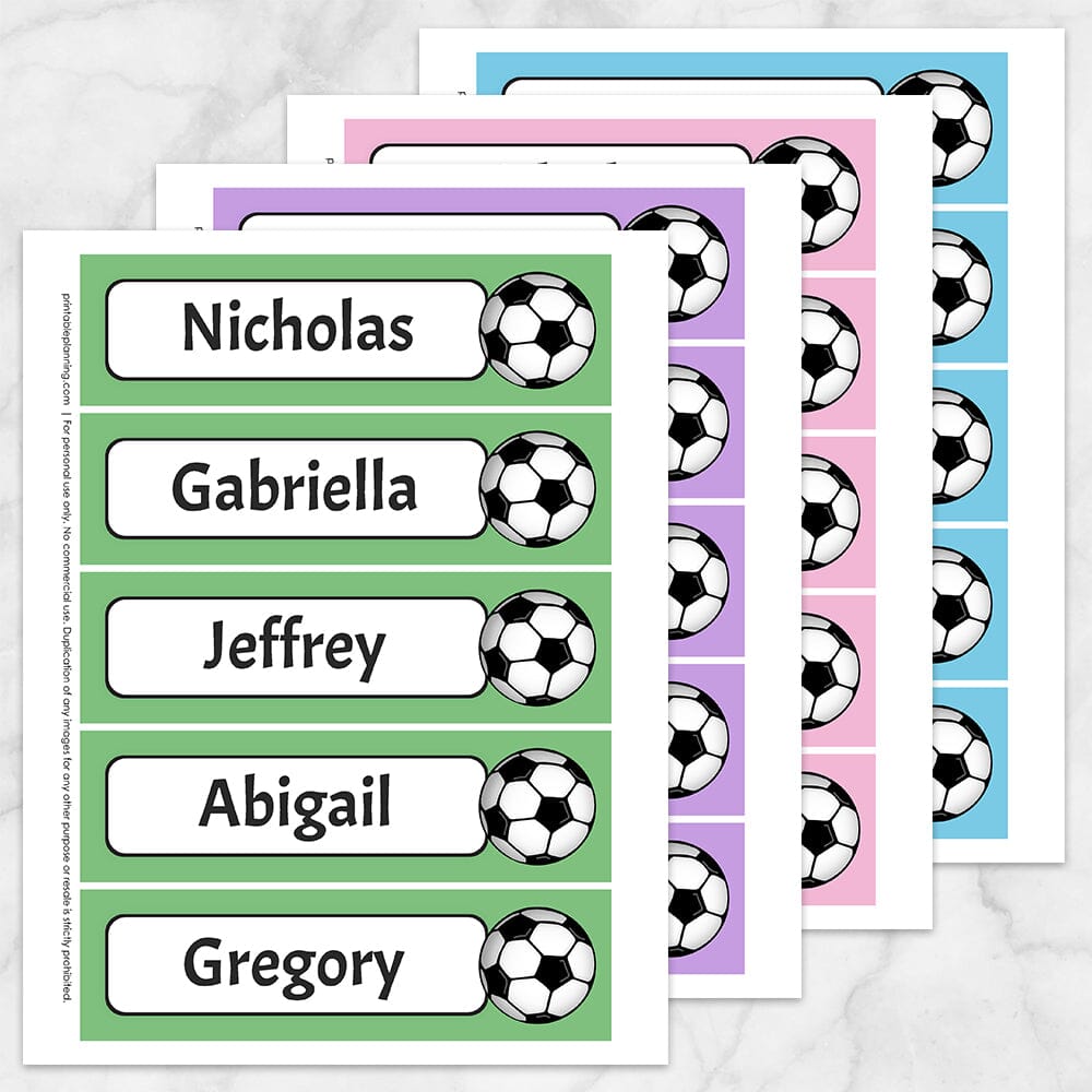 Printable BUNDLE of Personalized Soccer Ball Bookmarks at Printable Planning. Shows all 4 sheets of bookmarks with green, purple, pink, and blue background colors.