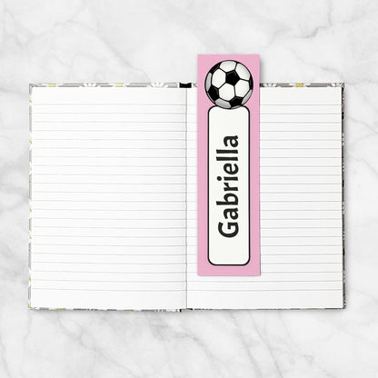 Printable Personalized Pink Soccer Ball Bookmarks at Printable Planning. Example of bookmark in 5x7 book pages..