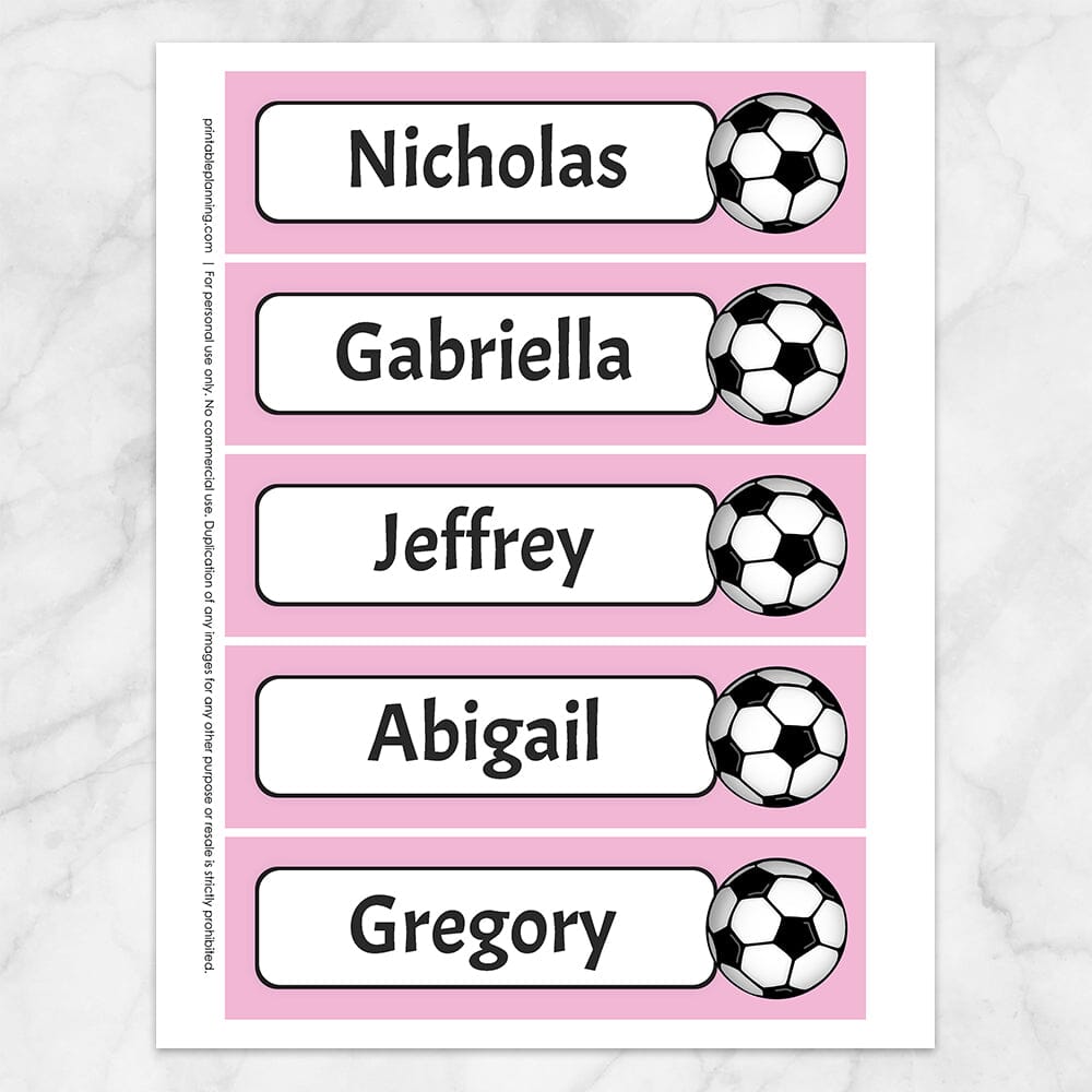 Printable Personalized Soccer Ball Bookmarks at Printable Planning. Sheet of 5 bookmarks with pink background.