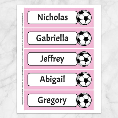 Printable Personalized Soccer Ball Bookmarks at Printable Planning. Sheet of 5 bookmarks with pink background.