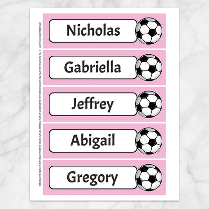 Printable Personalized Pink Soccer Ball Bookmarks at Printable Planning. Sheet of 5 bookmarks.