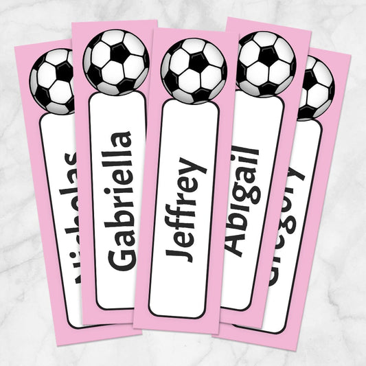 Printable Personalized Pink Soccer Ball Bookmarks at Printable Planning. Example of 5 bookmarks.