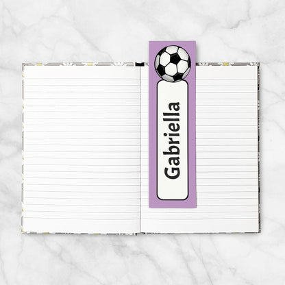 Printable Personalized Purple Soccer Ball Bookmarks at Printable Planning. Example of bookmark in 5x7 book pages.