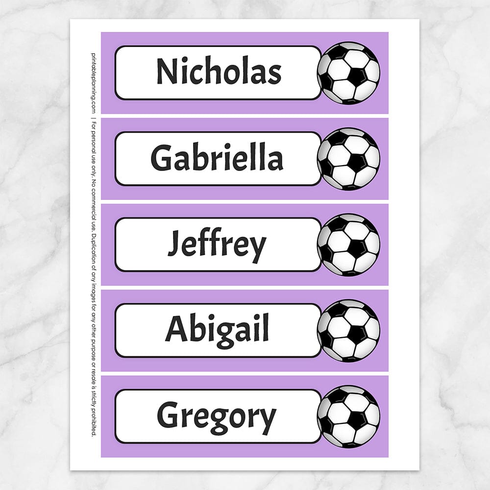 Printable Personalized Soccer Ball Bookmarks at Printable Planning. Sheet of 5 bookmarks with purple background.