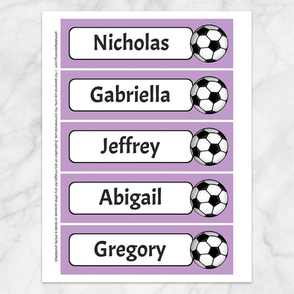 Printable Personalized Purple Soccer Ball Bookmarks at Printable Planning. Sheet of 5 bookmarks.