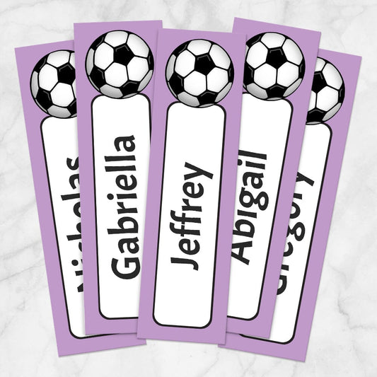 Printable Personalized Purple Soccer Ball Bookmarks at Printable Planning. Example of 5 bookmarks.